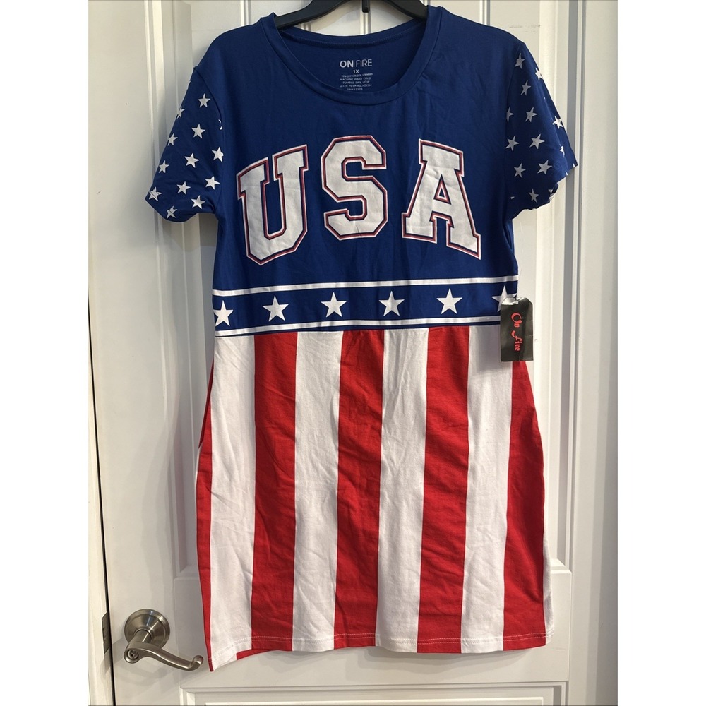 USA Americana Graphic T Shirt Dress  1X Stars And Stripes Red White & Blue